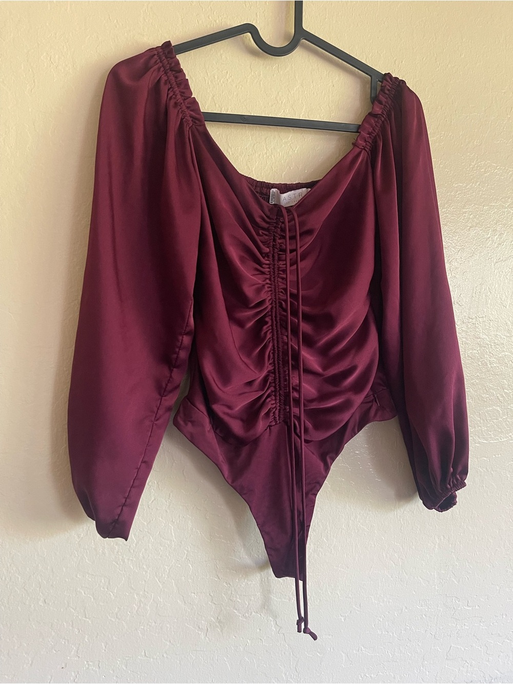 Astr Burgundy Ruched Satin Long-Sleeve Bodysuit